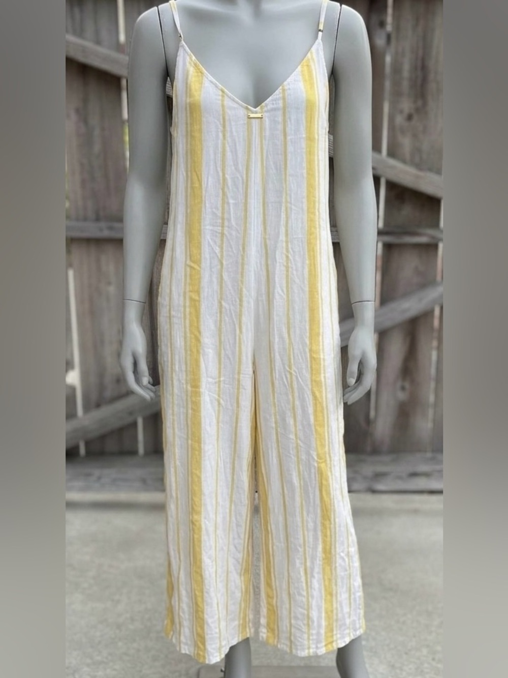 Billabong Shake It Again Jumpsuit L Yellow White Striped Wide Leg Boho